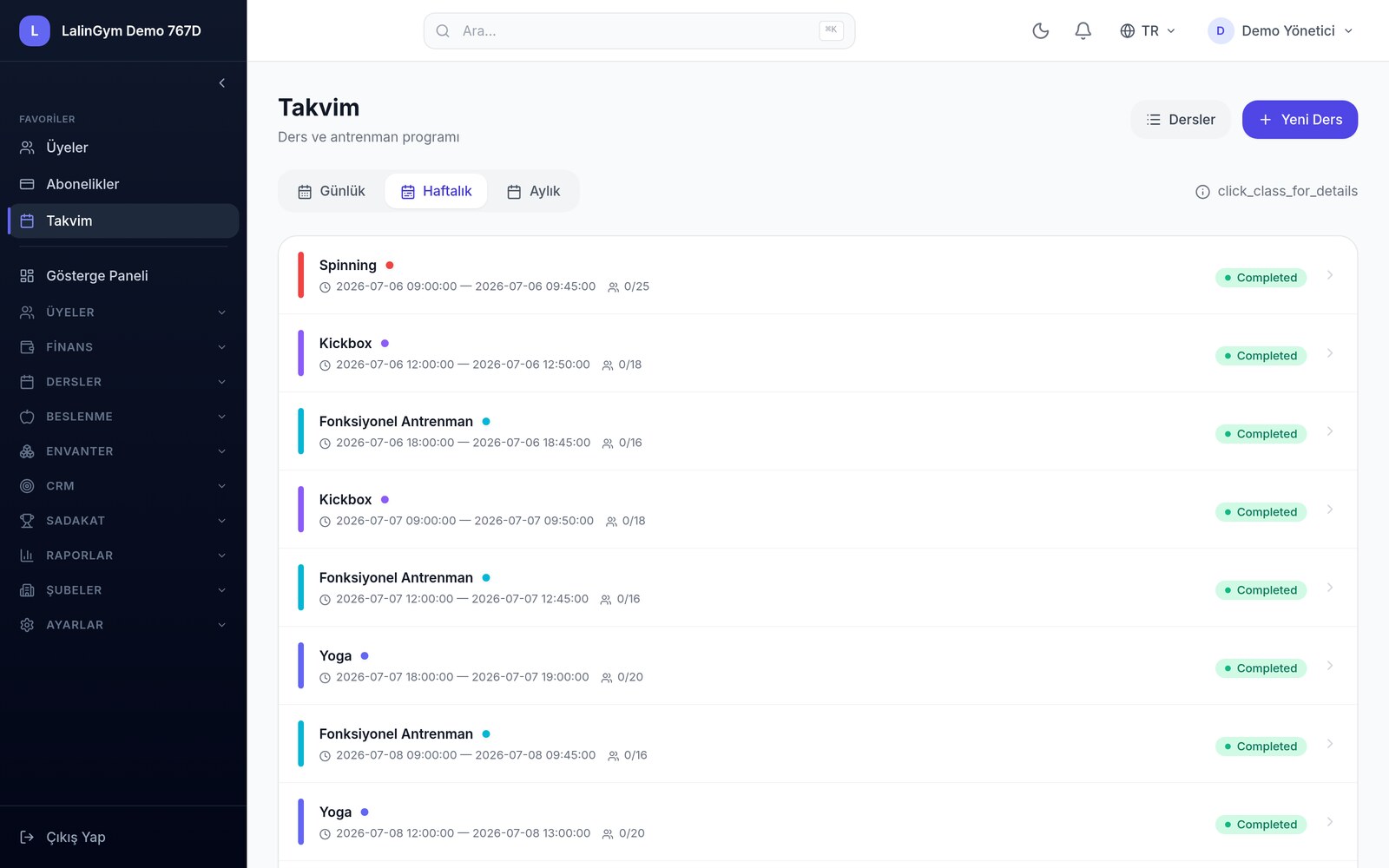 LalinGym ders takvimi ekranı — haftalık ders programı ve kapasite
