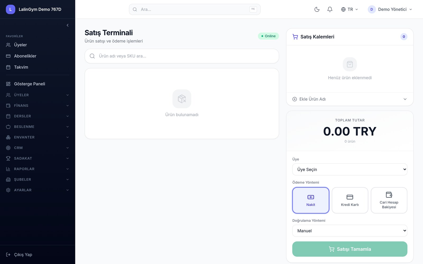 LalinGym Web-POS satış terminali ekranı — ürün, sepet ve ödeme yöntemleri